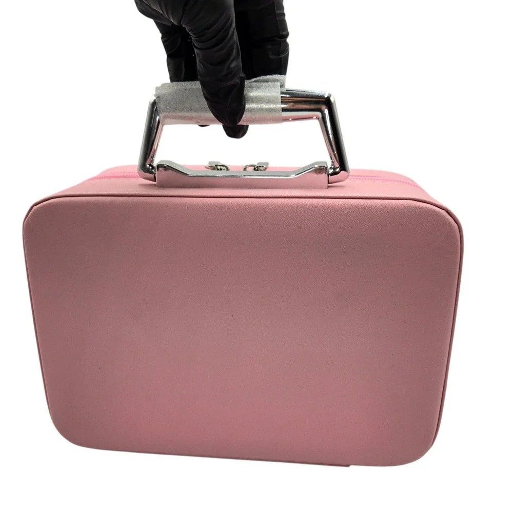 Pink Quilted Faux Leather Makeup Vanity Case Travel Cosmetic Organizer Mirror